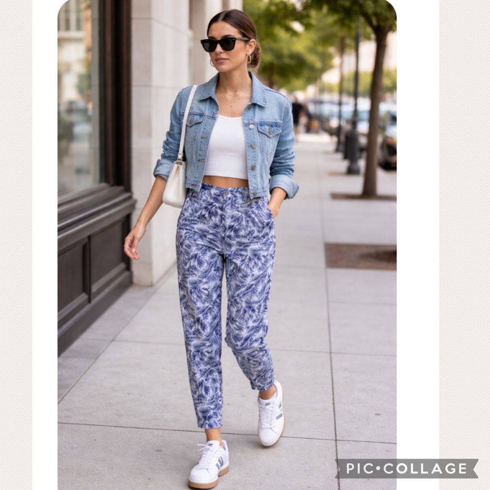 NEW COLLEEN LOPEZ PRINTED TWILL SKINNY JEANS CHAMBRAY PALM
